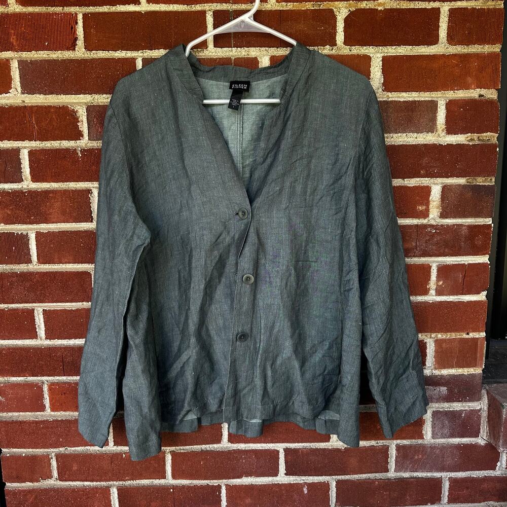 Eileen Fisher Linen Blend Button Front Jacket Gray Large